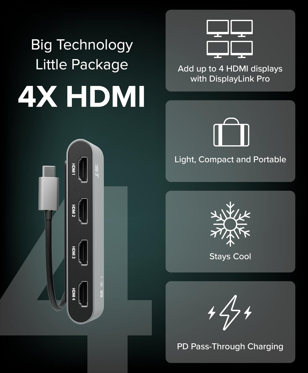 Plugable USB C to Quad HDMI 4K Adapter with 100W PD Pass-Though Power Delivery for Windows, Mac M1/M2/M3/M4, Thunderbolt, and USB-C Laptops | TAA, DisplayLink Pro, Driver Required (USBC-7400H4)