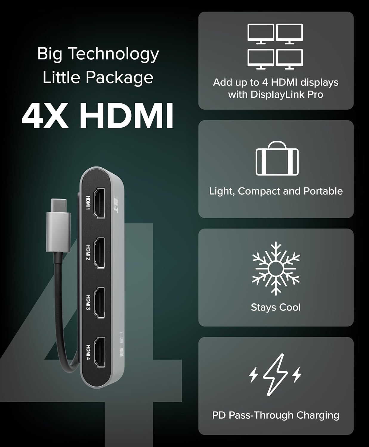 Plugable USB C to Quad HDMI 4K Adapter with 100W PD Pass-Though Power Delivery for Windows, Mac M1/M2/M3/M4, Thunderbolt, and USB-C Laptops | TAA, DisplayLink Pro, Driver Required (USBC-7400H4)