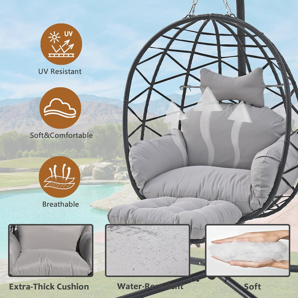 Outdoor Egg Chair with Sturdy Tripod Hammock Leg Rest and Hanging Lounge Chair Swinging Rattan Wicker Swing for Cozy Bedroom Balcony Garden Patio Porch Indoor Use (Black and Grey)