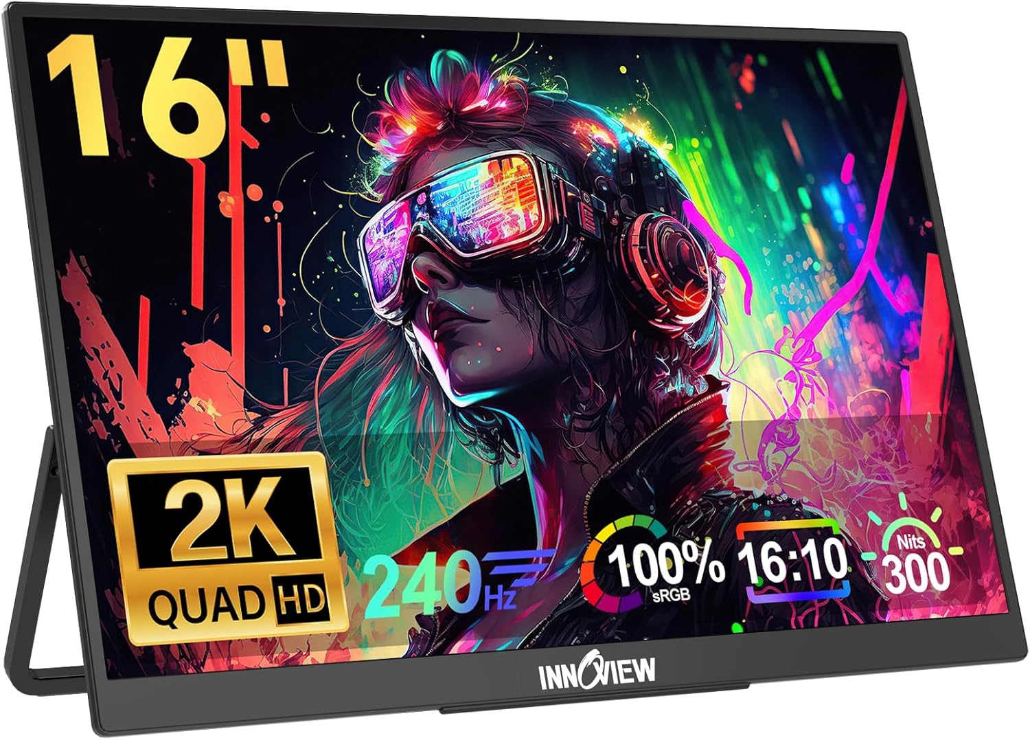 InnoView 16' 240Hz Portable Monitor 2K 2560x1600 100% sRGB Portable Gaming Monitor Laptop Monitors Built-in Speakers 180° Adjustable Type-C HDMI Laptop Screen Extender for Surface Pro PS5 Switch Xbox