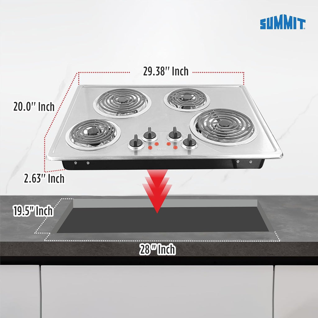 Summit 30' 4 Burner Electric Cooktop, 230 Volt Coil Electric Cooktop, ADA compliant, Stainless Steel- CR430SS