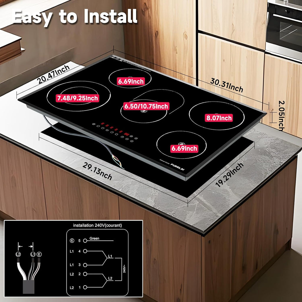 30 Inch Electric Cooktop 5 Burners, 30' 8500W Infrared Cooker with Touch Control & Timer, Built-in/Countertop 9 Power Levels, Child Lock, Auto Safety, Easy-Clean Glass (No Plug)