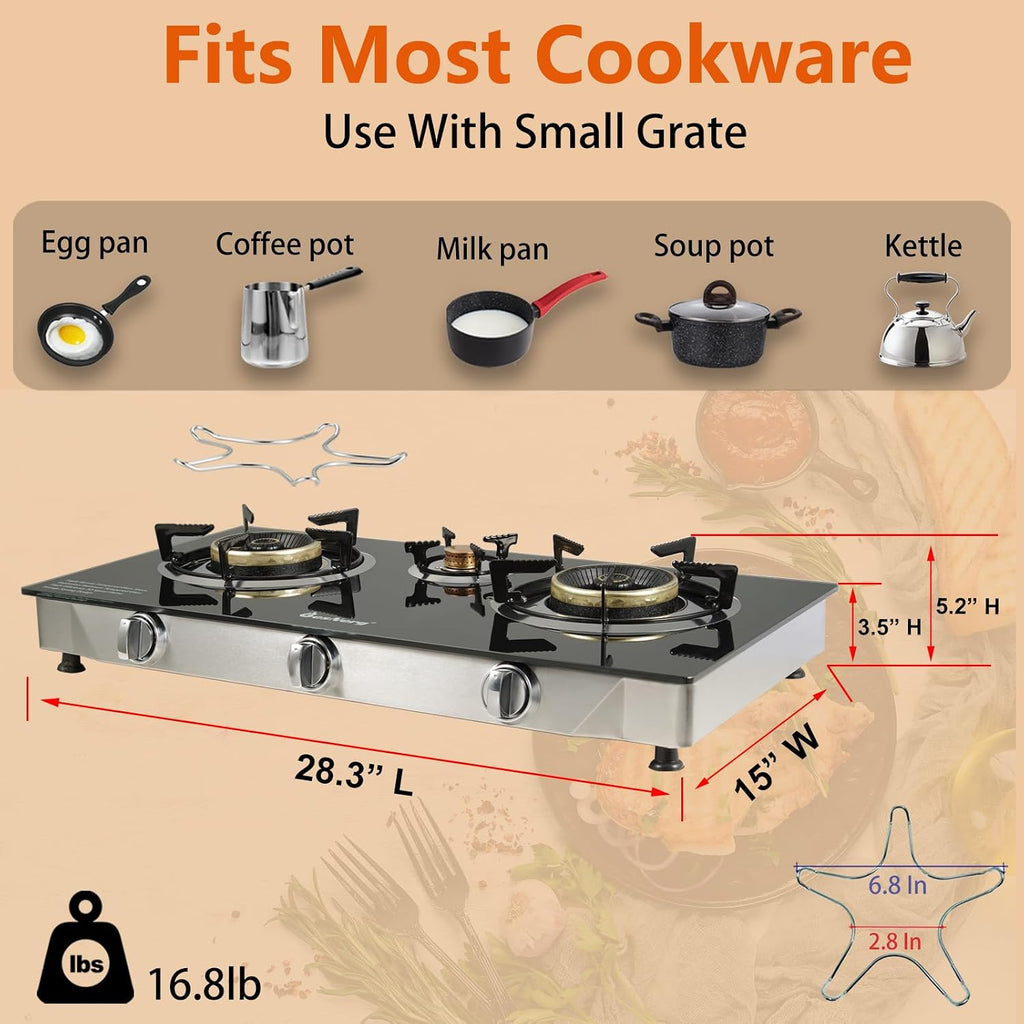 3 Burner Propane Gas Stove with Auto Ignition, 34000 BTU High-Efficiency Heavy-Duty Tempered Glass Cooktop, CSA Regulator & Hose Included, for Outdoor Camping Emergency