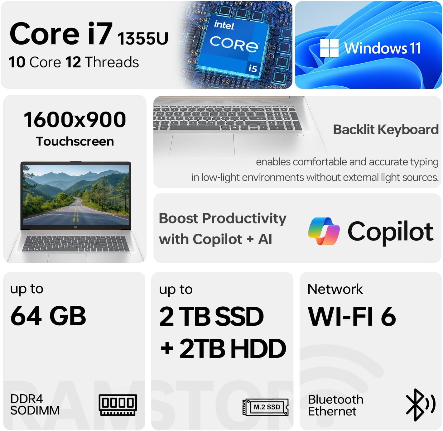 HP 17.3' Touchscreen Laptop, Intel Core i7-1355U, Pale Rose Gold, 32GB RAM, 1TB SSD, Webcam, HDMI, Backlit Keyboard, Fingerprint Reader, Wi-Fi 6, Windows 11 Home