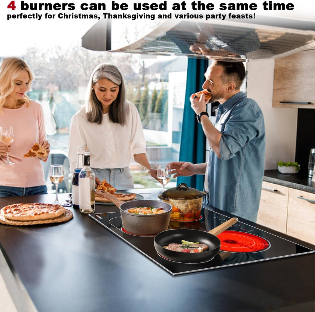 Karinear 4 Burners Electric Cooktop 24 Inch, 220-240v Built-in Electric Ceramic Cooktop with Glass Protection Metal Frame, Expandable Burners, Slider-Touch Control, Multi-function Elecric Stovetop