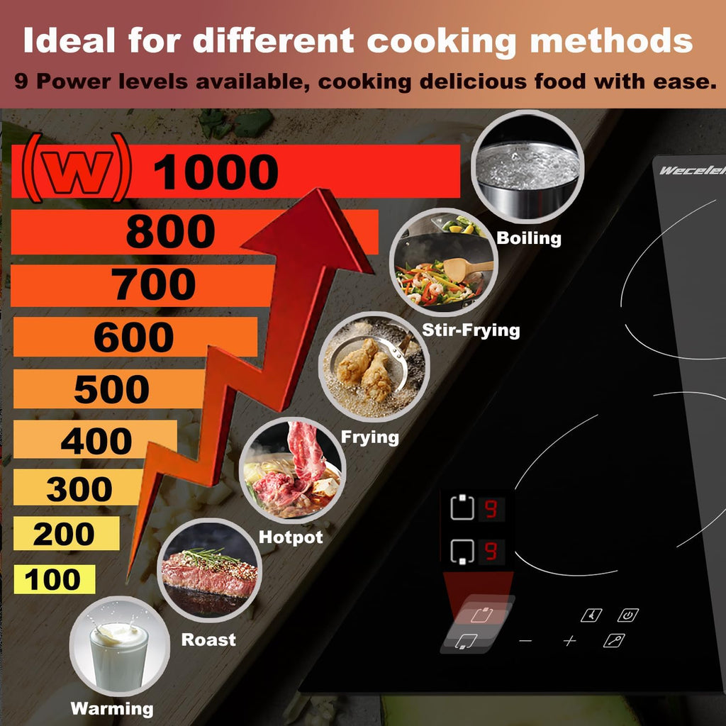 Electric Cooktop 2 Burner, 12 Inch Electric Stove Top, Built-in, 110V-120V Plug in, Touch Panel, Ceramic Burners with 9 Heating Level, Child Lock and Timer, 1800W