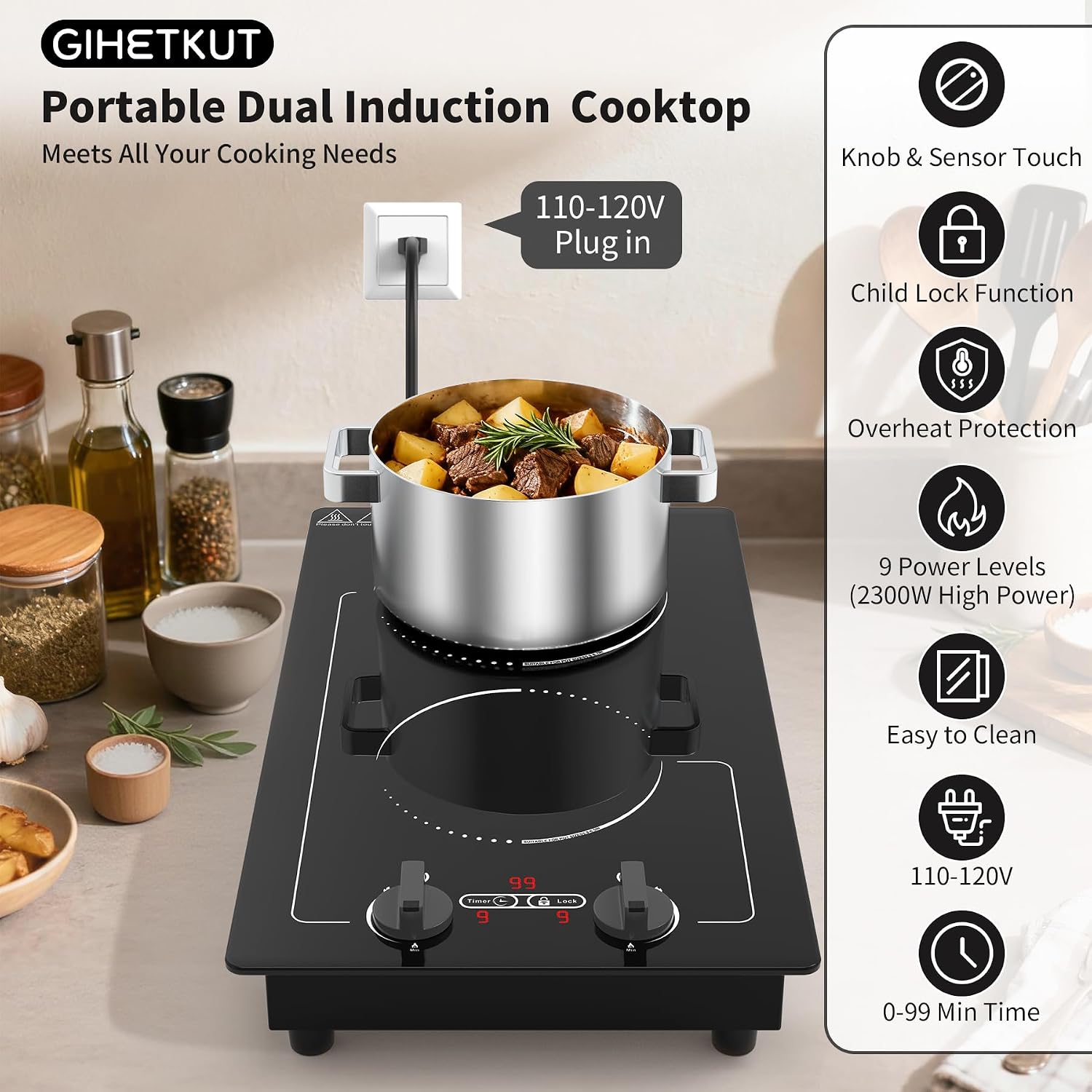 GIHETKUT Double Induction Cooktop, 110V 2300W hot plate with LED Touch Screen, 9 Power Levels, Kids Lock & Timer, Overheat Protection, knob and touch control 2 burner Induction cooktop