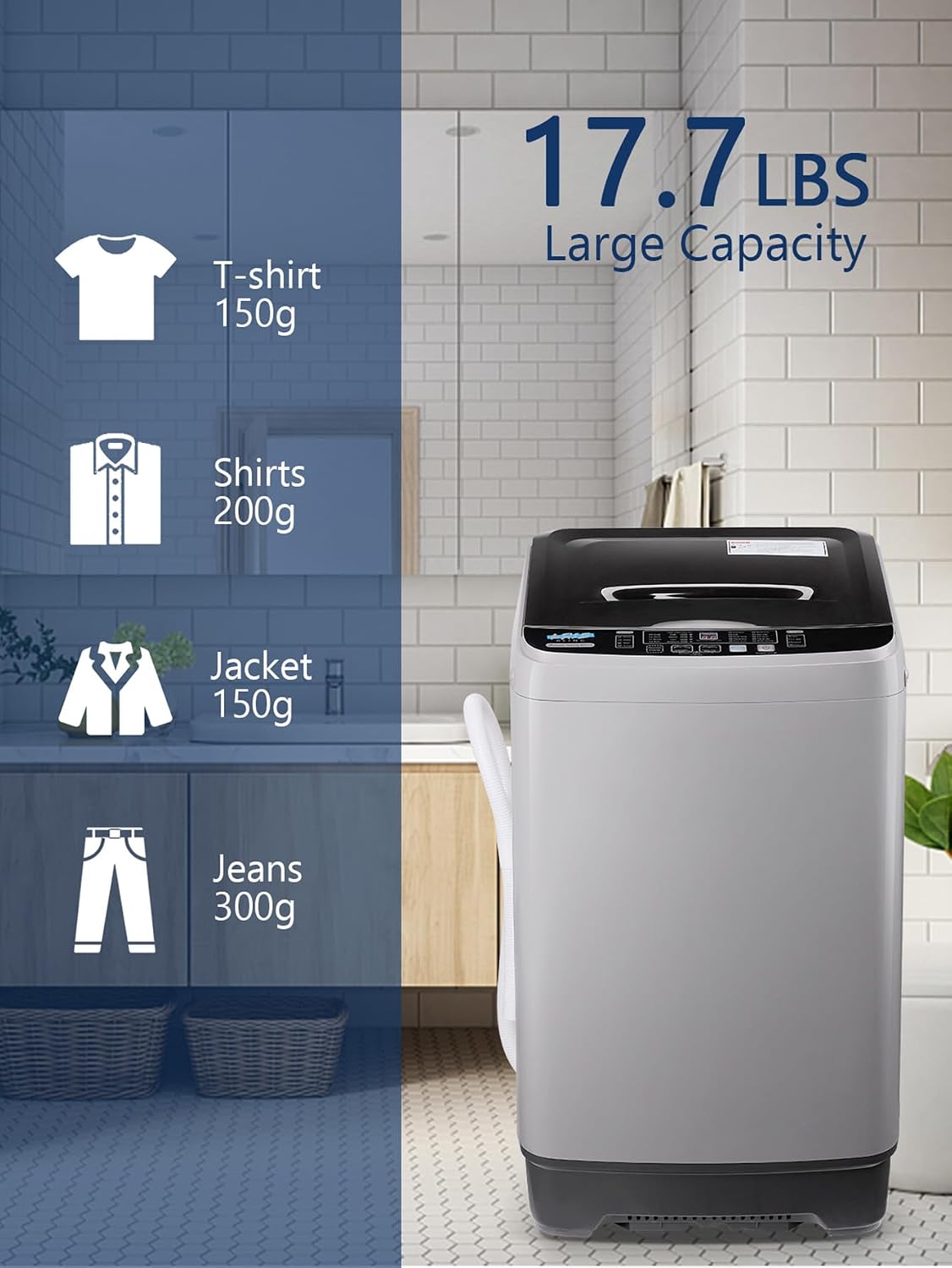 KRIB BLING 17.7 lbs Full Automatic Washing Machine with LED Display, lbs Portable Washer Drain Pump, 10 Programs & 8 Water Levels Selections, Ideal for RV, Kitchen Camping, Apartment, Dorm, Dark Grey