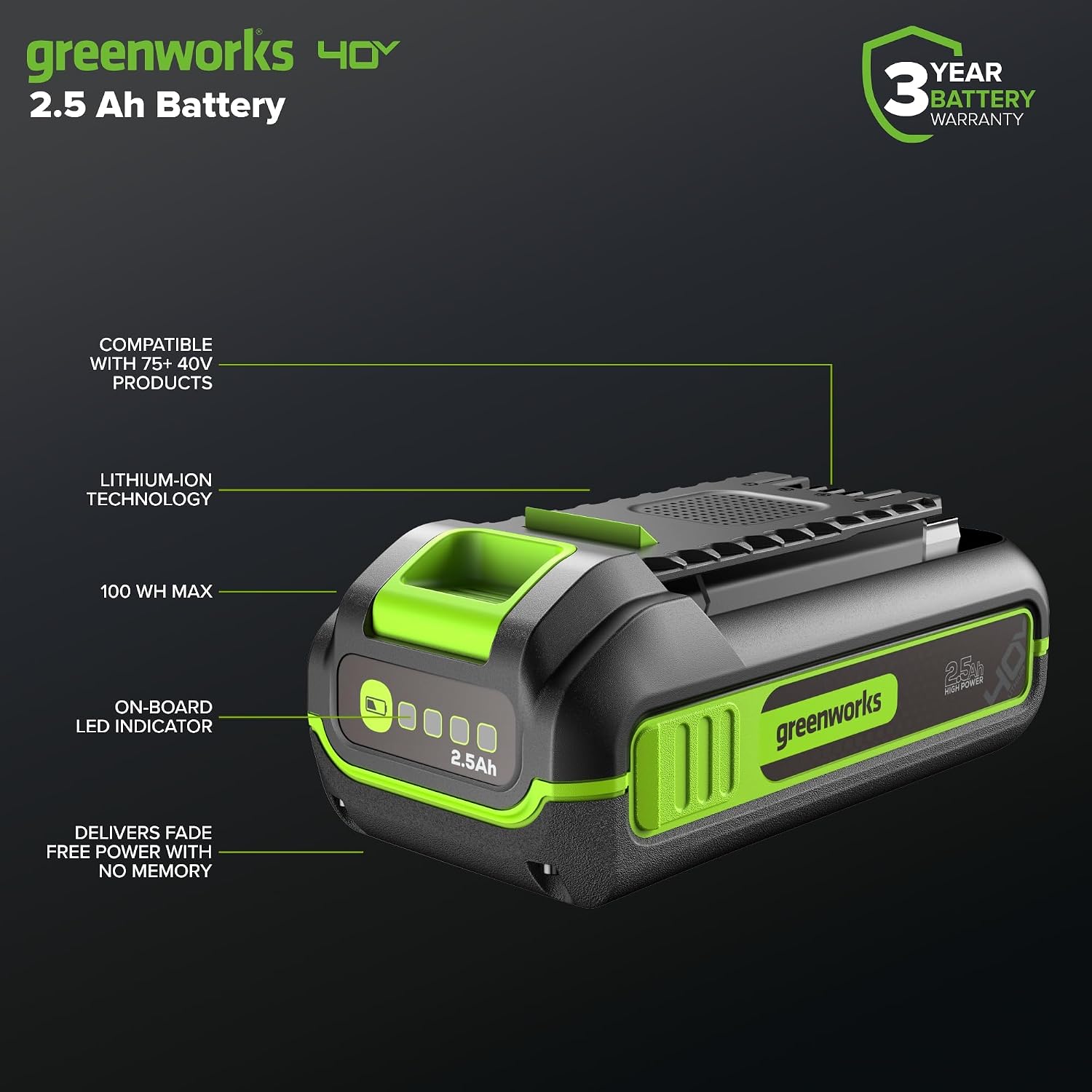 Greenworks 40V 2.5Ah Lithium-Ion High-Power Battery(Genuine Greenworks Battery / 75+ Compatible Tools)
