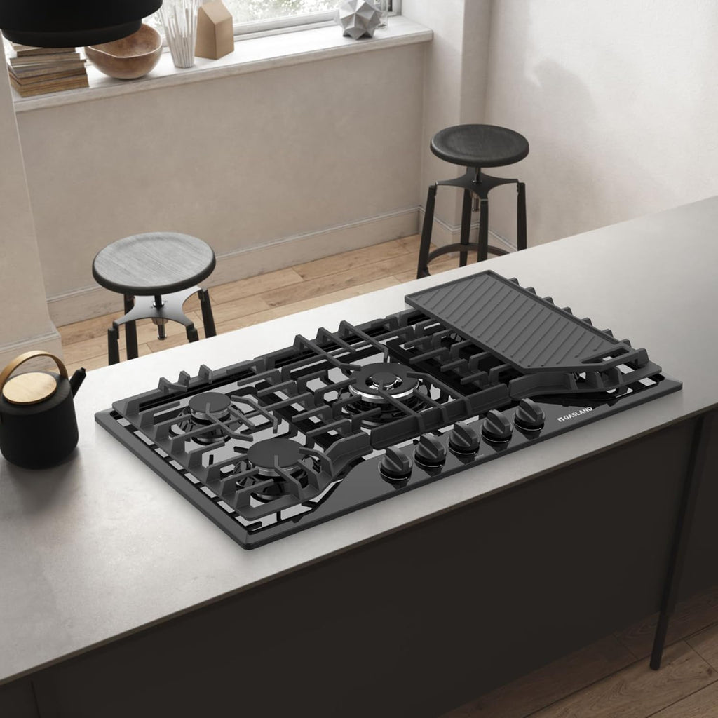 GASLAND Gas Cooktop 36 Inch with Griddle, PRO GH3365EF 5 Burner Propane Stovetop with Reversible Cast Iron Grill/Griddle, Gas Countertop Plug-in, NG/LPG Convertible Cooktops, Black