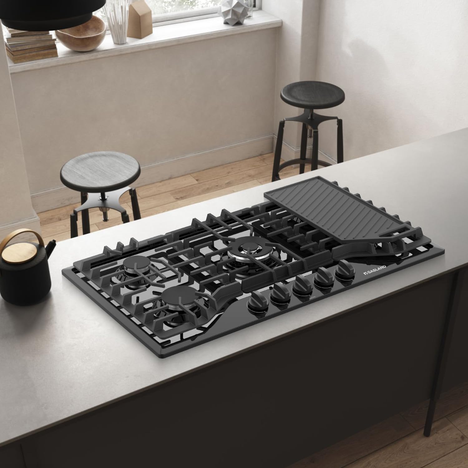 GASLAND Gas Cooktop 36 Inch with Griddle, PRO GH3365EF 5 Burner Propane Stovetop with Reversible Cast Iron Grill/Griddle, Gas Countertop Plug-in, NG/LPG Convertible Cooktops, Black