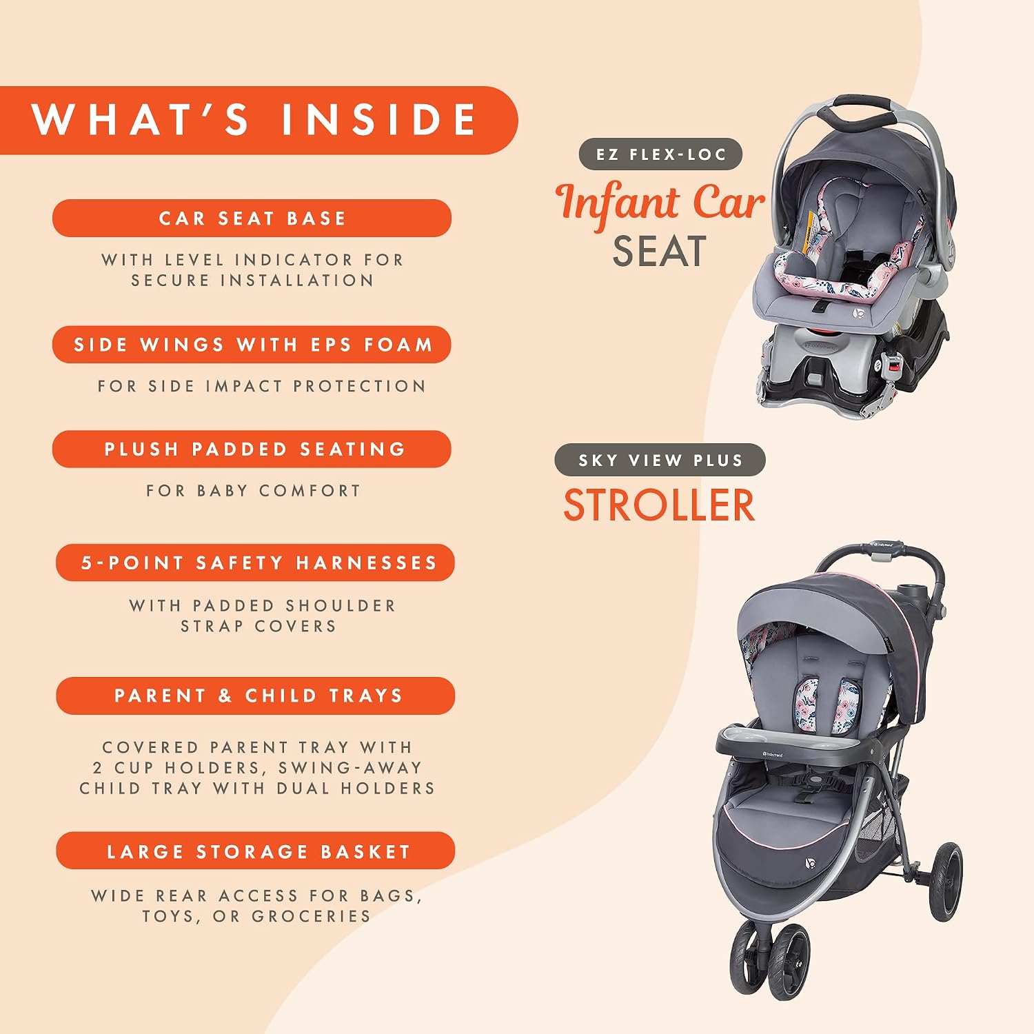 Baby Trend Sky View Plus Baby Stroller with EZ Flex-Loc Infant Car Seat, Adjustable Canopy, Storage Basket & Cup Holders, Bluebell - Lightweight & Foldable Travel System for Toddlers & Infants
