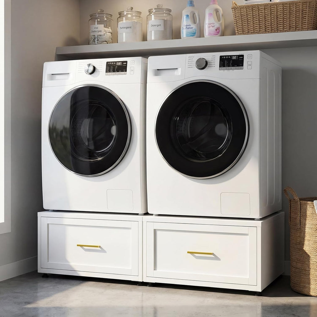 2 Pack Laundry Pedestal Heavy Duty Metal Washer and Dryer Pedestals, 16' H Universal Fit Washer Stand Base, Washing Machine Stand with Storage Drawer, 440lbs Mini Fridge Stand, （White, 2PCS)