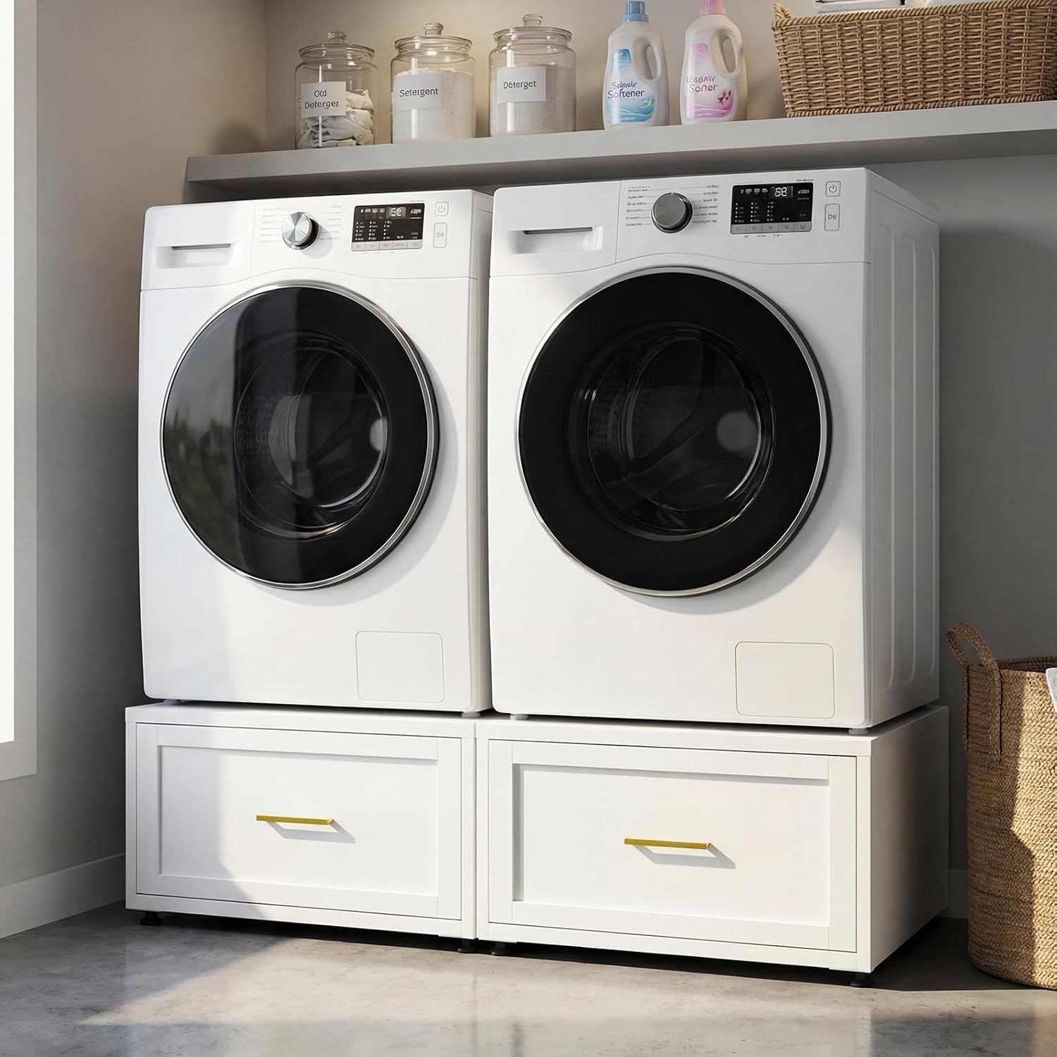 2 Pack Laundry Pedestal Heavy Duty Metal Washer and Dryer Pedestals, 16' H Universal Fit Washer Stand Base, Washing Machine Stand with Storage Drawer, 440lbs Mini Fridge Stand, （White, 2PCS)