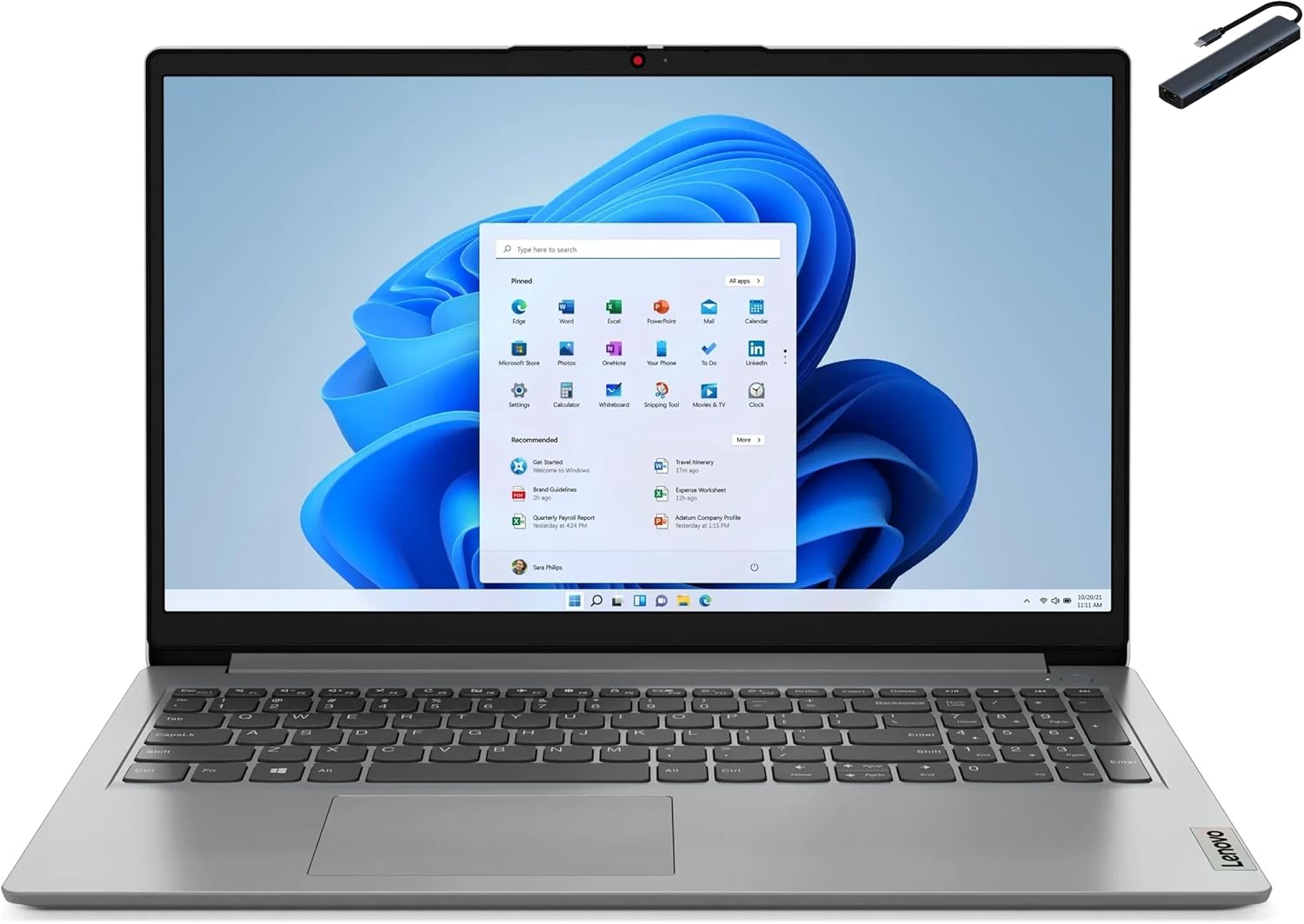 Lenovo Ideapad 1 15.6 inch HD Laptop, Intel Celeron N4500, 1.1GHz, 8GB DDR4 RAM, 128GB eMMC, One Year Microsoft Office 365, Copilot AI, Win11 Home in S Mode, Cloud Grey with TGY Accessories