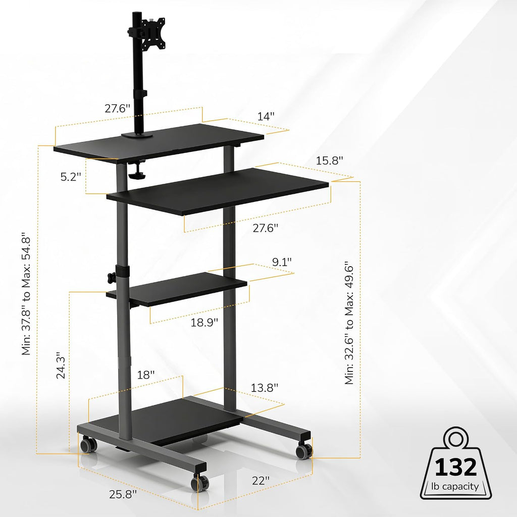 Mount-It! Mobile Computer Cart with Monitor Mount for Screen up to 32', Portable Desk on Wheels, Rolling Laptop Stand Teachers, Office, Classroom, Rise up to 53', Projector, Podium, Keyboard Tray