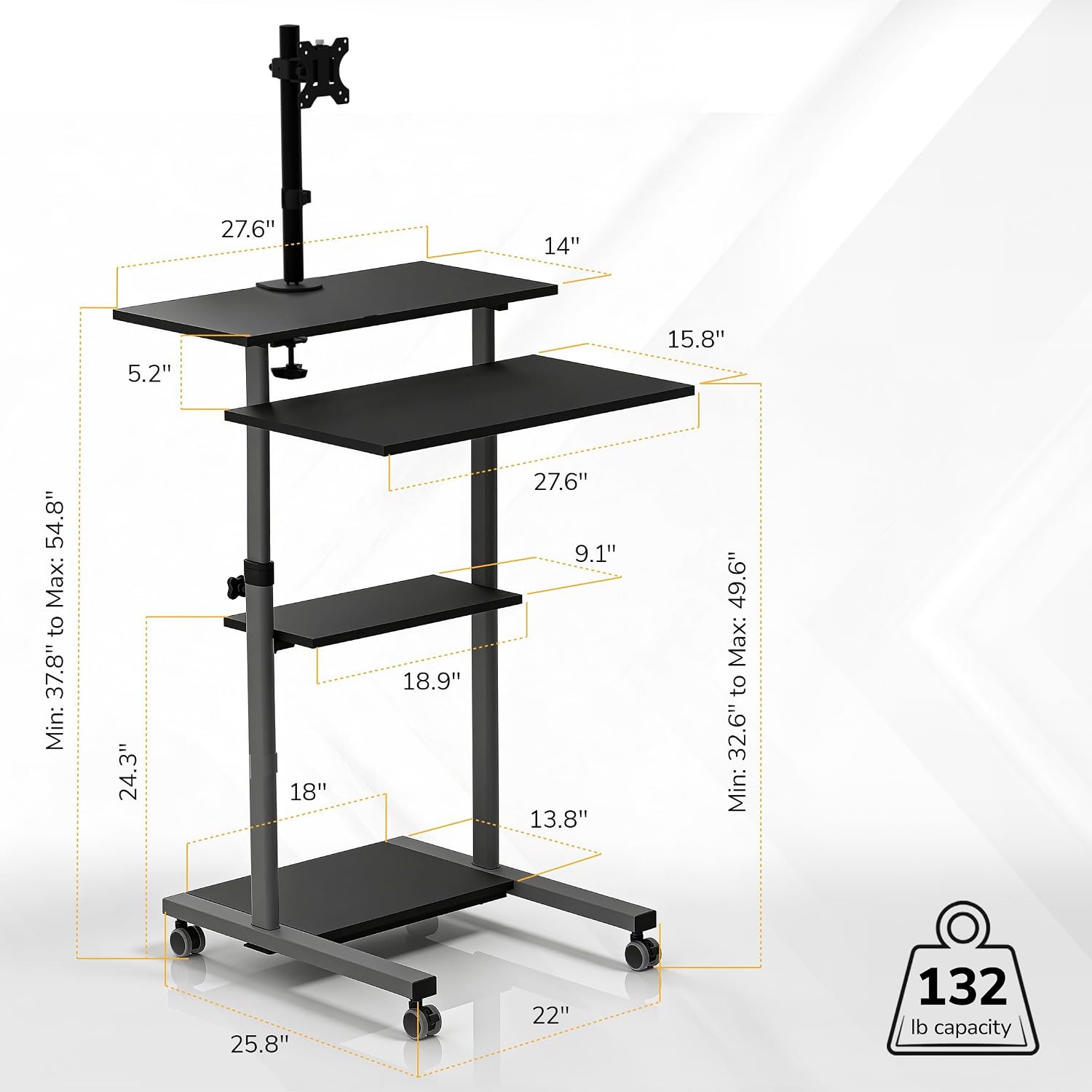 Mount-It! Mobile Computer Cart with Monitor Mount for Screen up to 32', Portable Desk on Wheels, Rolling Laptop Stand Teachers, Office, Classroom, Rise up to 53', Projector, Podium, Keyboard Tray