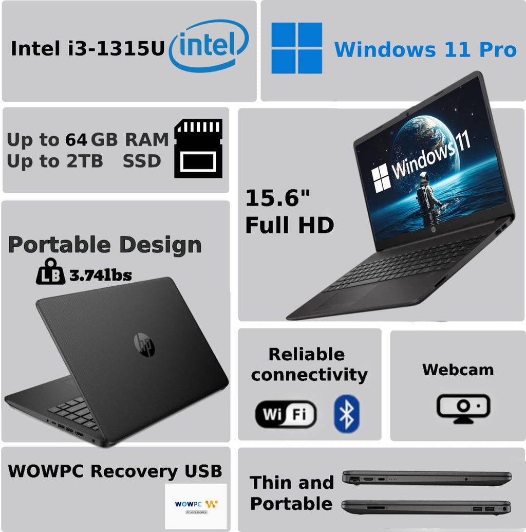 HP 2025 Latest 15.6'' FHD Business Laptop, Intel 6 Core i3-1315U (Beat i5-1135G7), 32GB RAM, 1TB PCIe SSD,IPS Display, Ultra Quiet Design, Long Battery Life, Windows 11 Pro, WOWPC Recovery USB