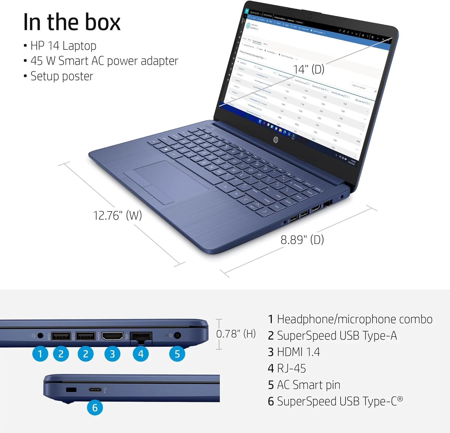 HP 14 Ultrabook • Intel 4-Core CPU • Back to School Limited Edition with Microsoft 365 • 16GB RAM • 1600GB Storage (64GB OnBoard withHP 512GB P500 Portable SSD + 1TB OneDrive) • Win11 Pro • Royal Blue