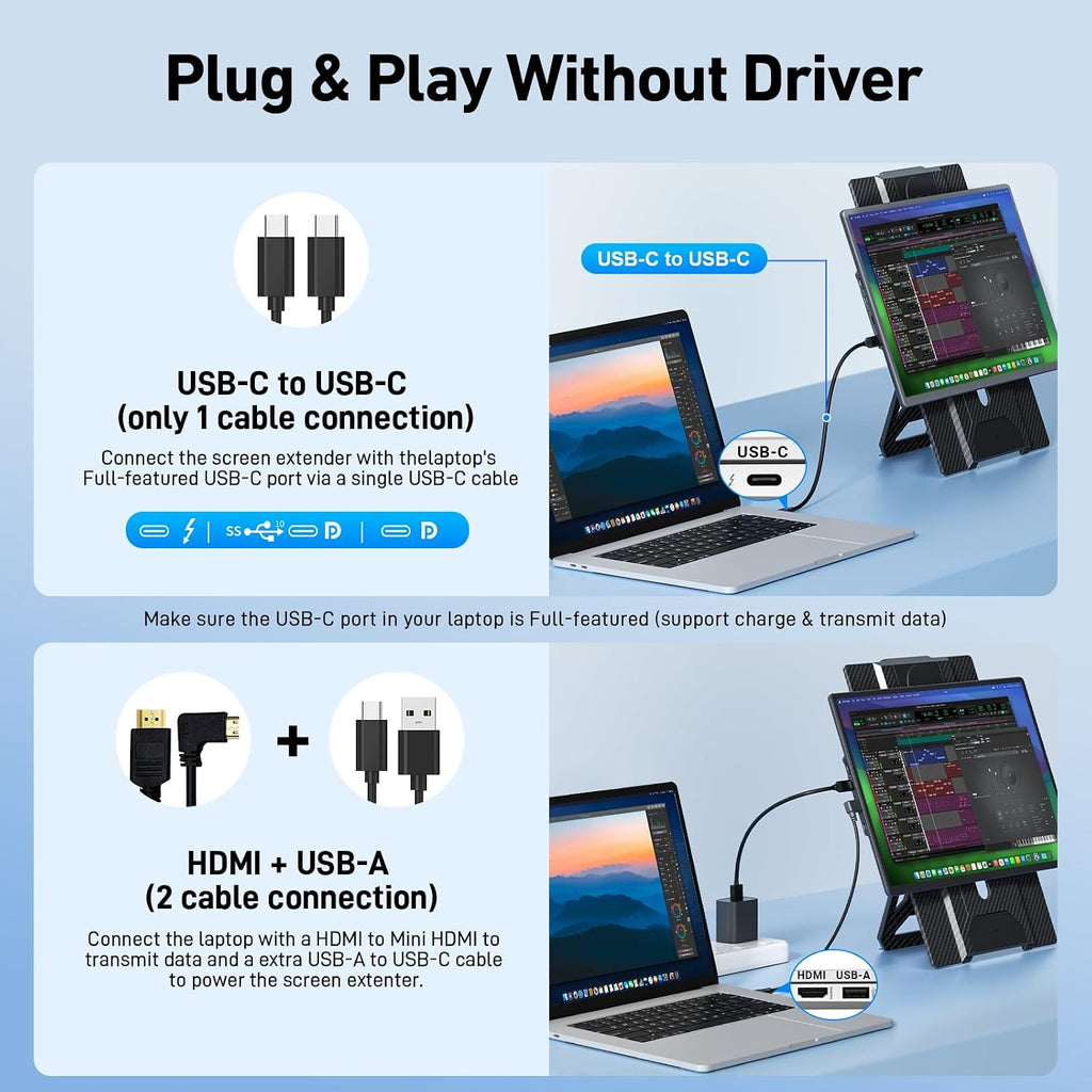 Laptop Screen Extender Monitor Portable - 16.1'' FHD 1200P Portable Screen for Laptops, 360° Rotating, Plug & Play, Detachable Stand, Height Adjustable Laptop Monitor Extender for Mac/Win/Phone/Tablet