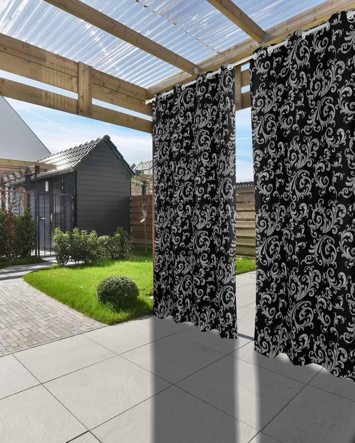 Outdoor Curtain for Patio Waterproof, Winter Christmas Retro Floral Pattern Black Outside Curtains with Grommet Top Curtain Panels Drapes for Pergola, Gazebo, Balcony 54' W x 95' L 2 Pcs