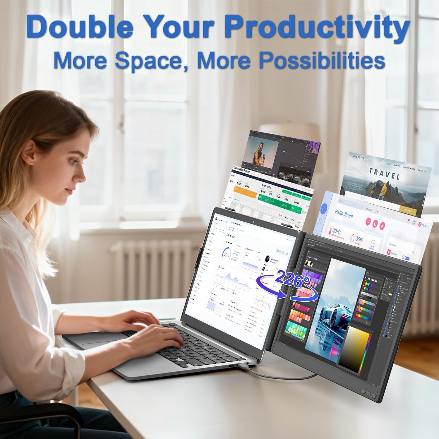 KEFEYA Laptop Screen Extender, 14' FHD 1080P IPS Dual Laptop Monitor Extender, Portable Monitor Plug & Play USB-C/HDMI/USB-A for 13'-17' Laptops, Work with Windows/MacBook/Switch/PS5