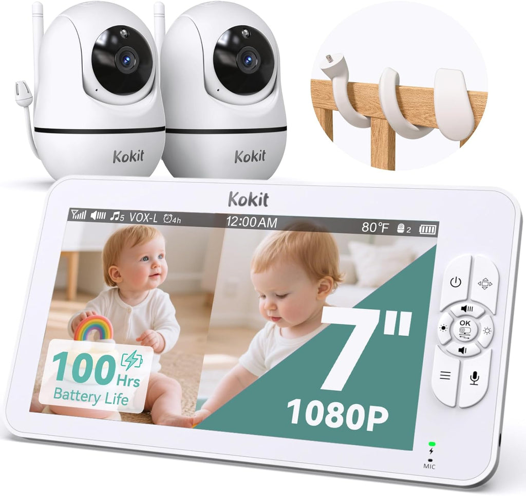 Baby Monitor with Camera and Audio - 7' Split Screen, 5000mAh Battery (100H in VOX), 1080P PTZ Baby Camera Monitor with Flexible Mount, No WiFi Baby Monitor, Secure 2.4GHz FHSS
