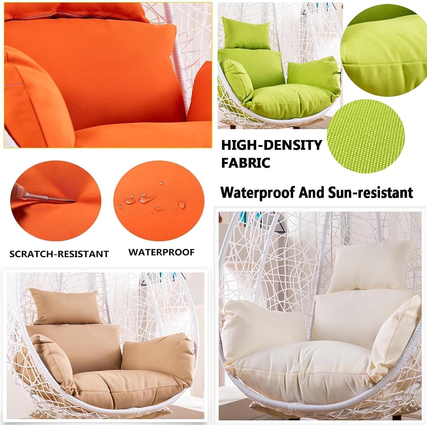 ETomey Hanging Basket Chair Cushion, Egg Chair Replacement Cushion, Waterproof & Sun-Resistant, 8in Thick Memory Foam, 49'W x 58'L x 8'H, White, Boho Style, Indoor & Outdoor