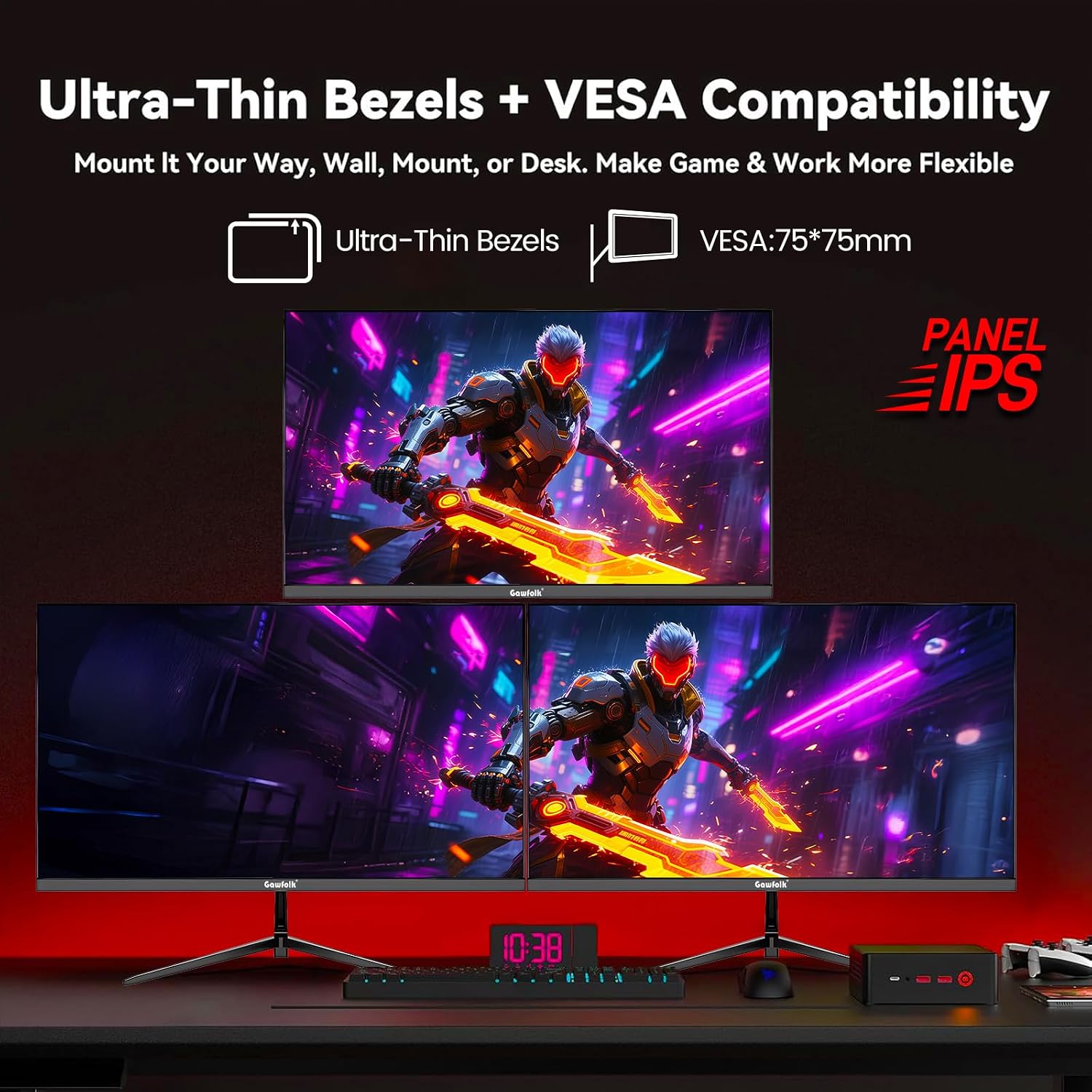 Gawfolk 27 Inch Gaming Monitor IPS 120Hz, QHD 2560 * 1440p PC Monitors, Computer Screen for Home & Office, Support HDMI & DP, Wall Mount Compatible 75 * 75mm, Black
