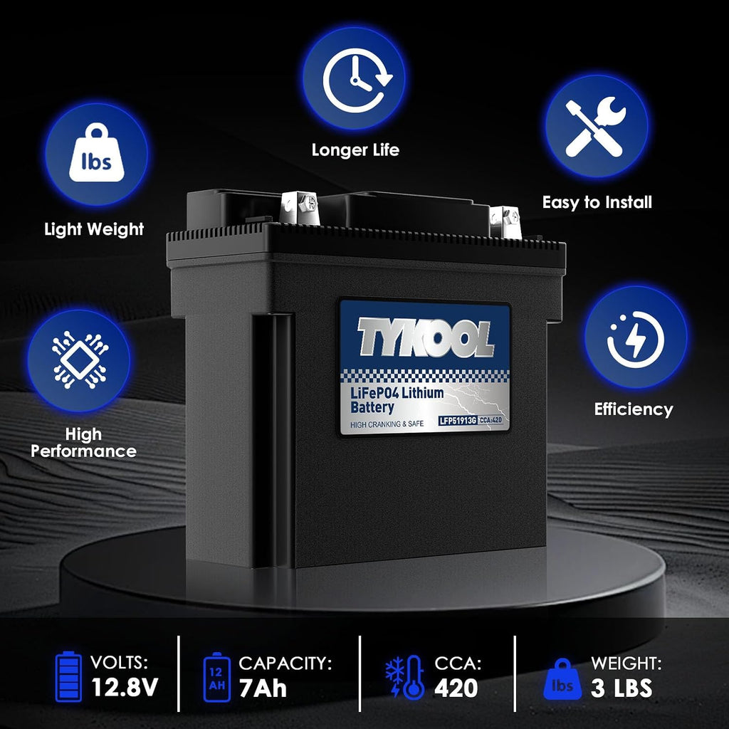 TYKOOL LFP51913G Lithium Motorcycle Battery, Replaces 51913 YT19BL-BS 51814, 420CCA 7Ah, Fits for BMW R1100GS R1100RT R850R K75RT K1200RS Moto Guzzi California 1100, IP66, LCD Monitor [- +]