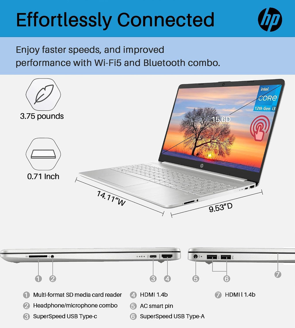 HP 2024 15.6' Touchscreen Laptop - with Microsoft Office Lifetime License, Intel i3-1215U, 16GB RAM, 1TB SSD, Long Battery Life, Micro-Edge, Bluetooth, Wi-Fi, Thin & Light, Windows 11 Pro
