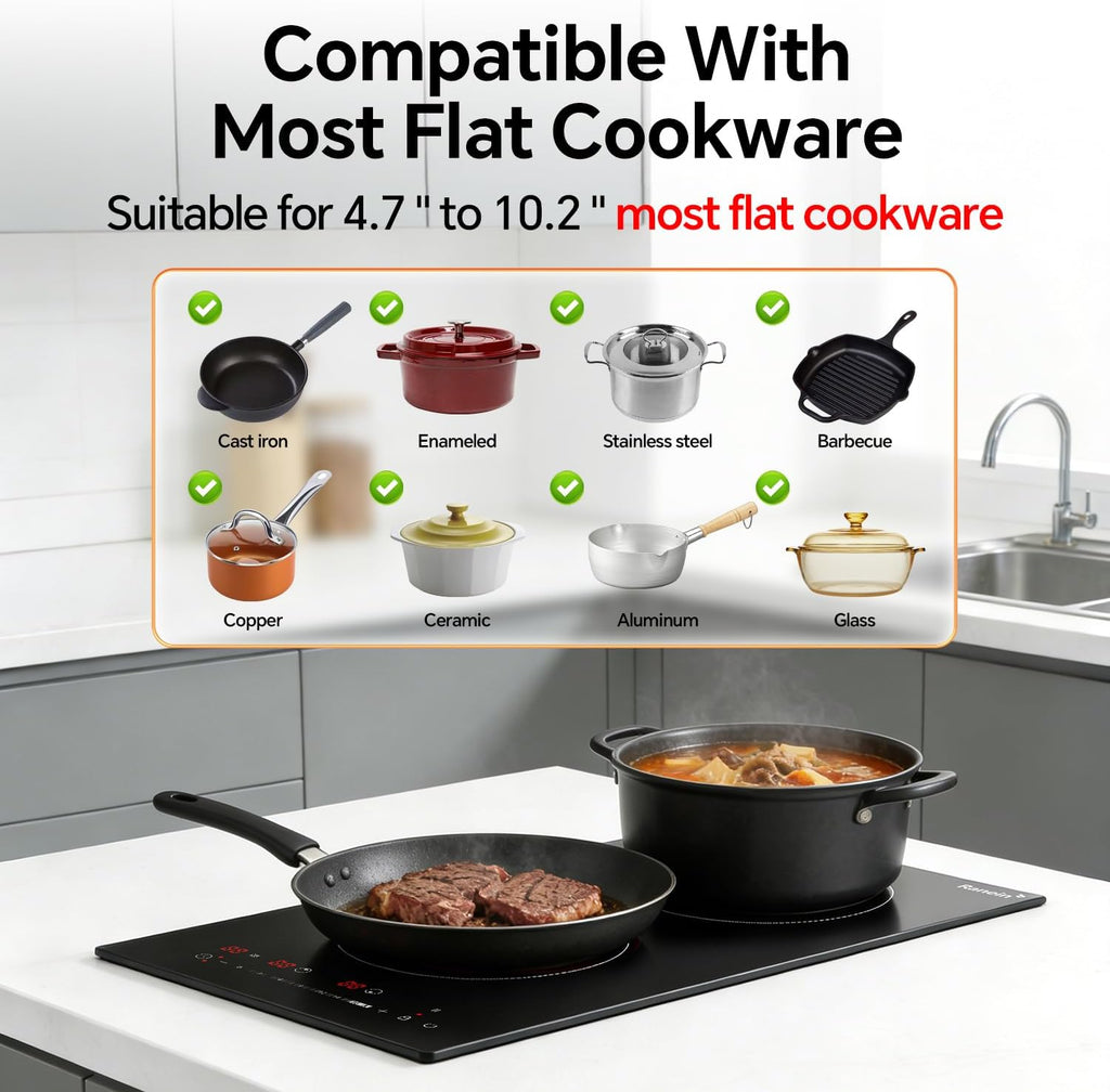 Ranein 12 Inch 2 Burner Electric Cooktop, Max 3000W 240V Ceramic Panel Built-in Electric Stove Top, with Child Safety Lock, Timer, Over-Temperature Protection