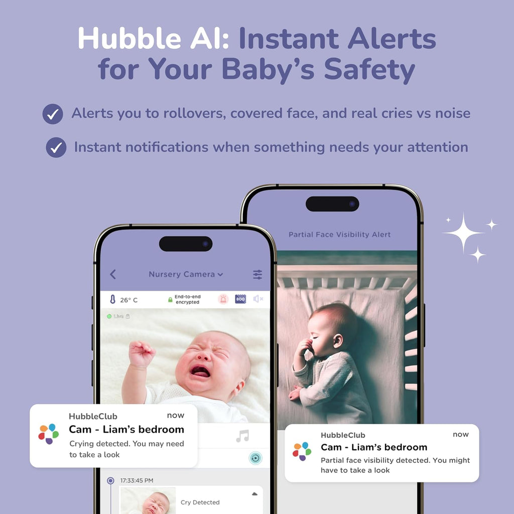 HUBBLE CONNECTED SkyVision AI Pro Baby Monitor — Baby Camera Monitor w/Covered Face, Rollover & True Cry Detection, Sleep Trainer, Soother & More — w/Touch Screen HD Parent Unit, Crib Mount System