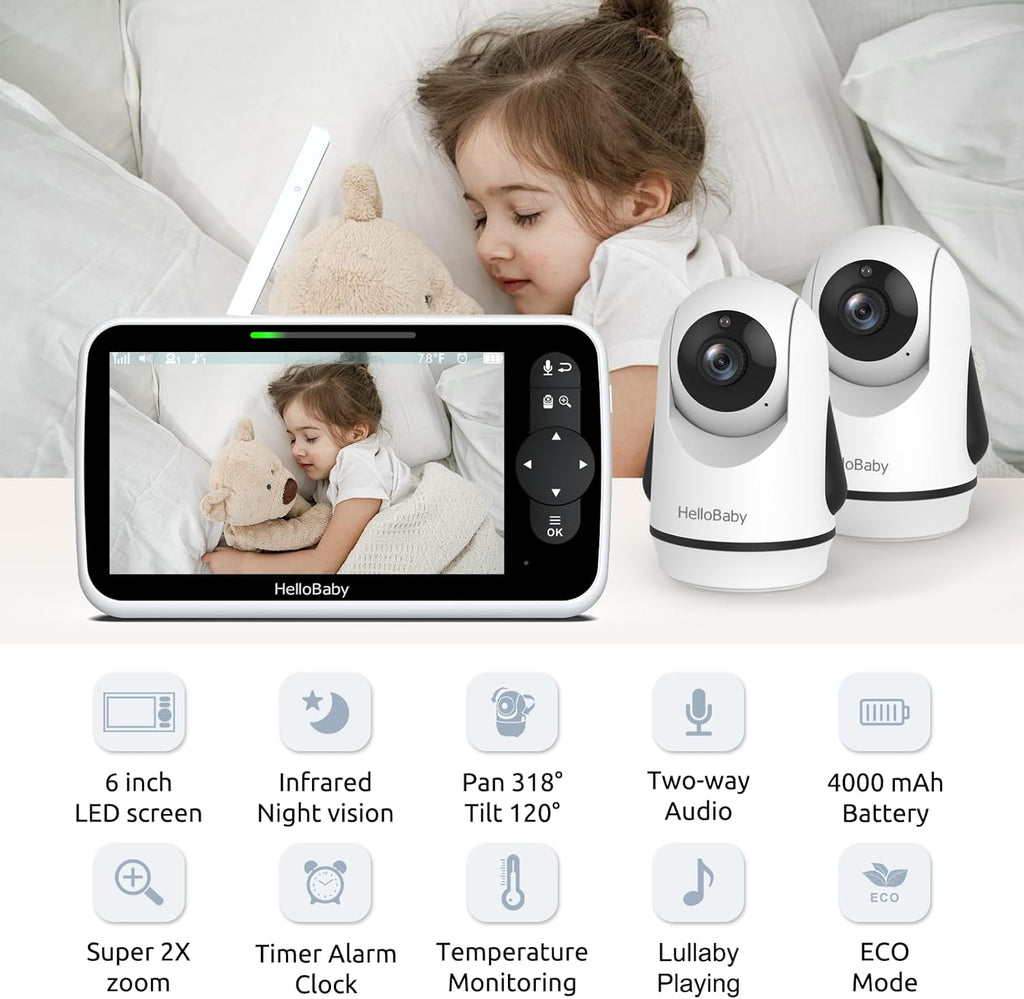 HelloBaby Video Baby Monitor with Upgraded 6' IPS Large Screen, Split Screen with 2 Cameras, Night Vision and Temprature Monitoring, Remote Pan-Tilt-Zoom Camera, No-WiFi