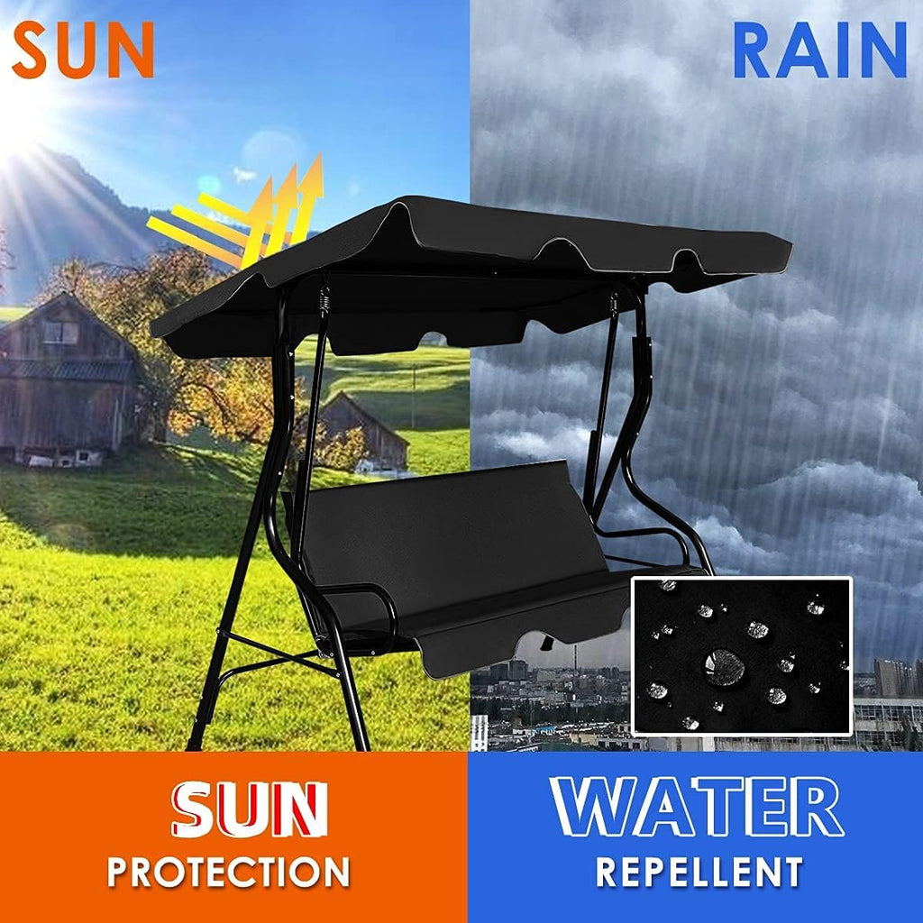 3-Seater Canopy Swing Chair, Waterproof Outdoor Swing Cushioned Seat with Adjustable & Removable Canopy, Steel Frame Polyester Fabric Oxford Cloth Patio Hammock Cover Top (Black)