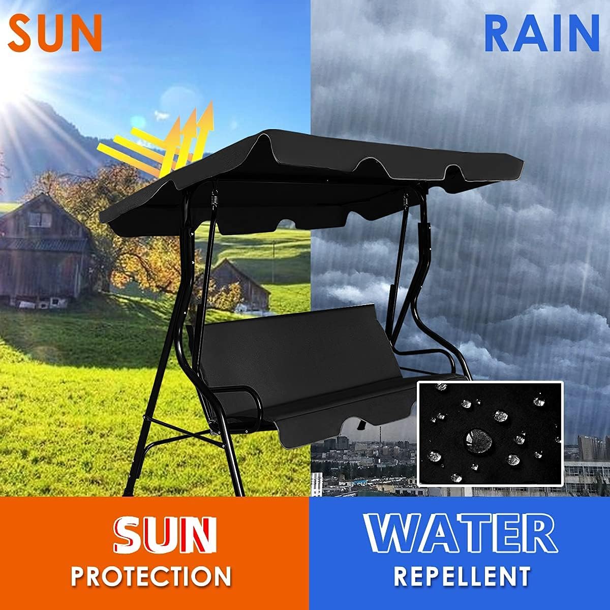 3-Seater Canopy Swing Chair, Waterproof Outdoor Swing Cushioned Seat with Adjustable & Removable Canopy, Steel Frame Polyester Fabric Oxford Cloth Patio Hammock Cover Top (Black)