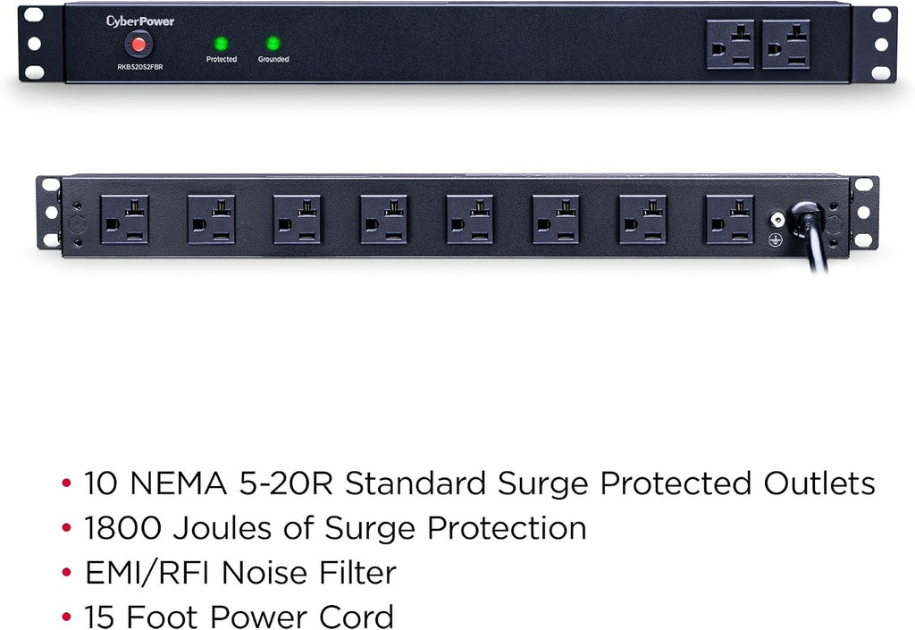 CyberPower RKBS20S2F8R Rackbar Surge Protector, 120V/20A, 10 Outlets, 15 Foot Power Cord, 1U Rackmount, UL Listed