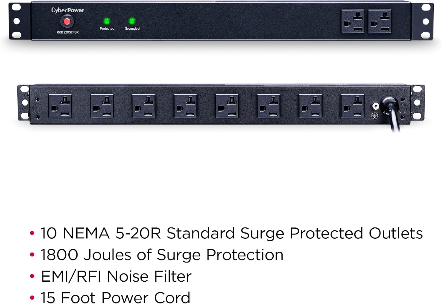 CyberPower RKBS20S2F8R Rackbar Surge Protector, 120V/20A, 10 Outlets, 15 Foot Power Cord, 1U Rackmount, UL Listed