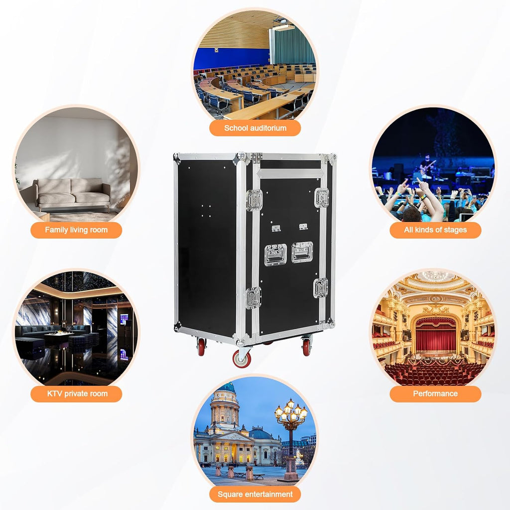 16u Road Case with 60° Slant Mixer Top, 4 Casters - Brake System, 2 Side Table up to 110lb 20' Rackable Depth Plywood & Tour Grade Hardware ATA Rack Cases Audio Mixer for Pro Stage Performance