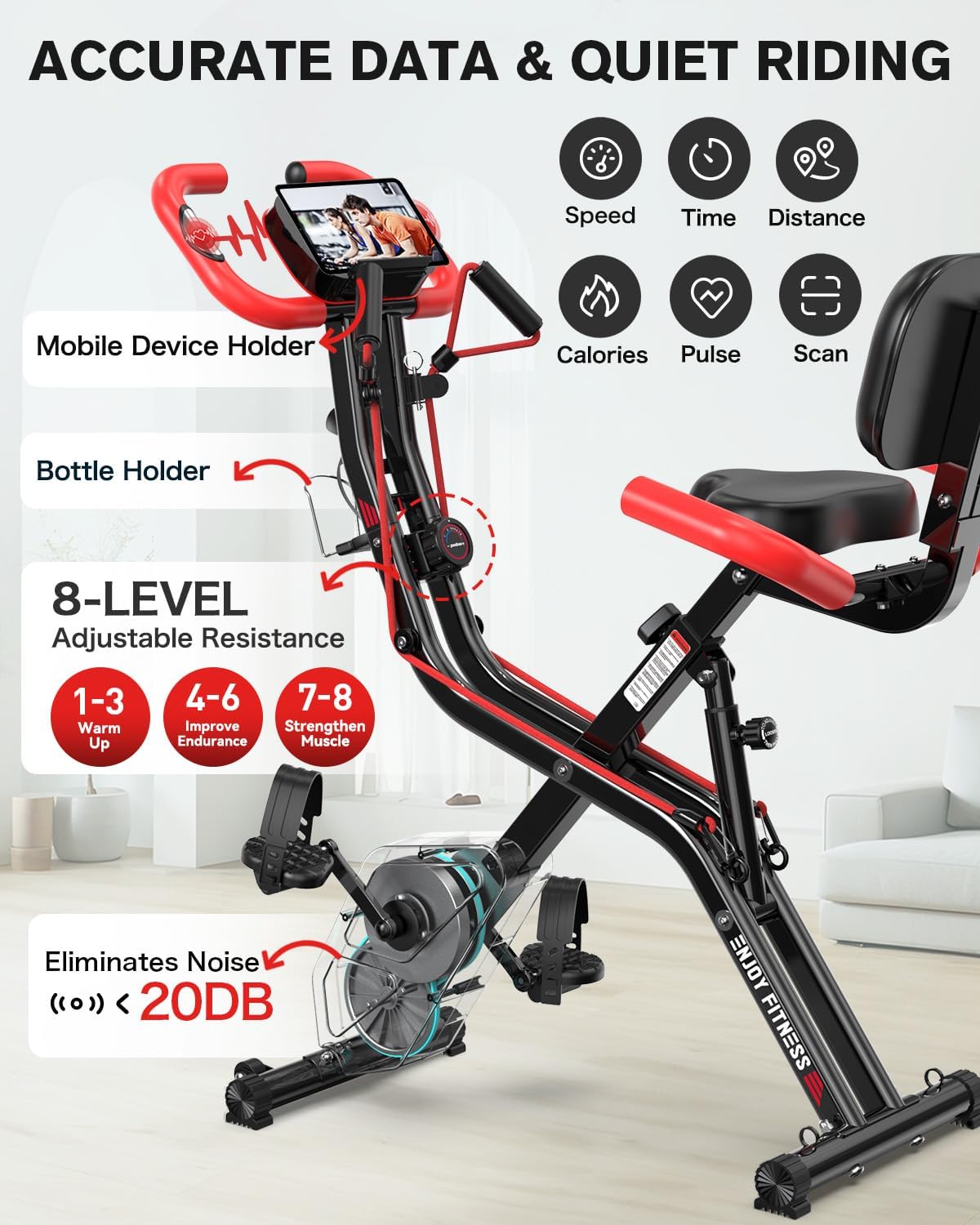 pooboo Folding Exercise Bike, Foldable Upright Stationary Bike, Indoor Cycling Magnetic X-Bike with 8-Level Adjustable Resistance, 6.6 LBS Flywheel, 300LB Capacity, Back Support Cushion for Home Gym