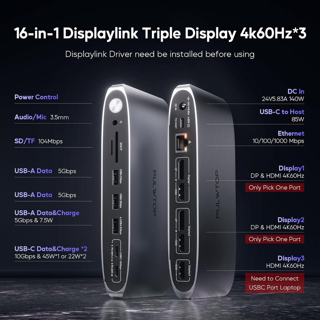 DisplayLink Docking Station Triple Monitor with 140W Power Adapter, PULWTOP 4K@60Hz Laptop Docking USB C Dock for MacBook M1/M2/M3, Windows, 3xHDMI, 2xDisplayPort,5xUSB C/USB A Data/Charging