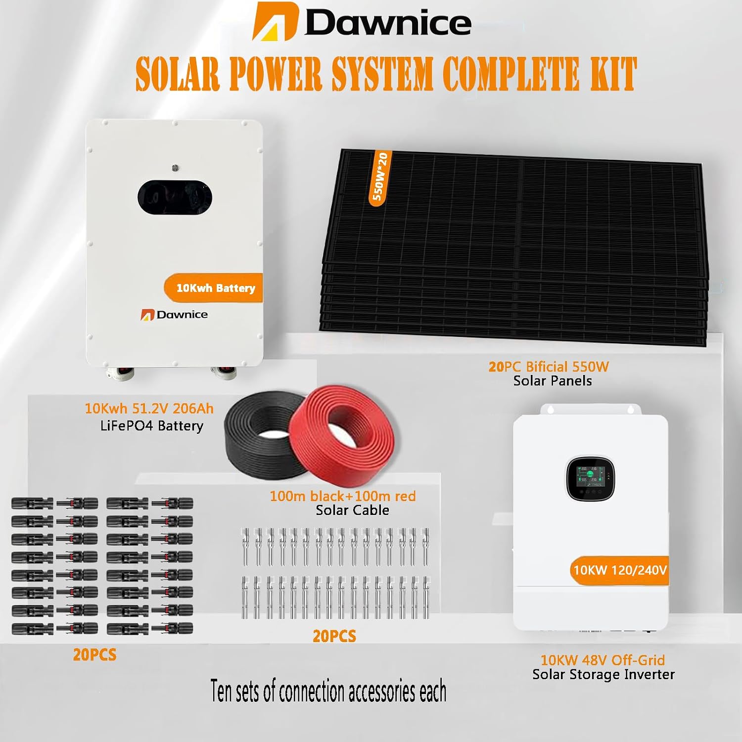 11KW Off-Grid Solar Power System Complete Kit with 20PCS Bificial 550W Solar Panels 10KW Solar Storage Inverter with MPPT Controller 48V 206Ah 10Kwh LiFePO4 Battery 120/240Vac