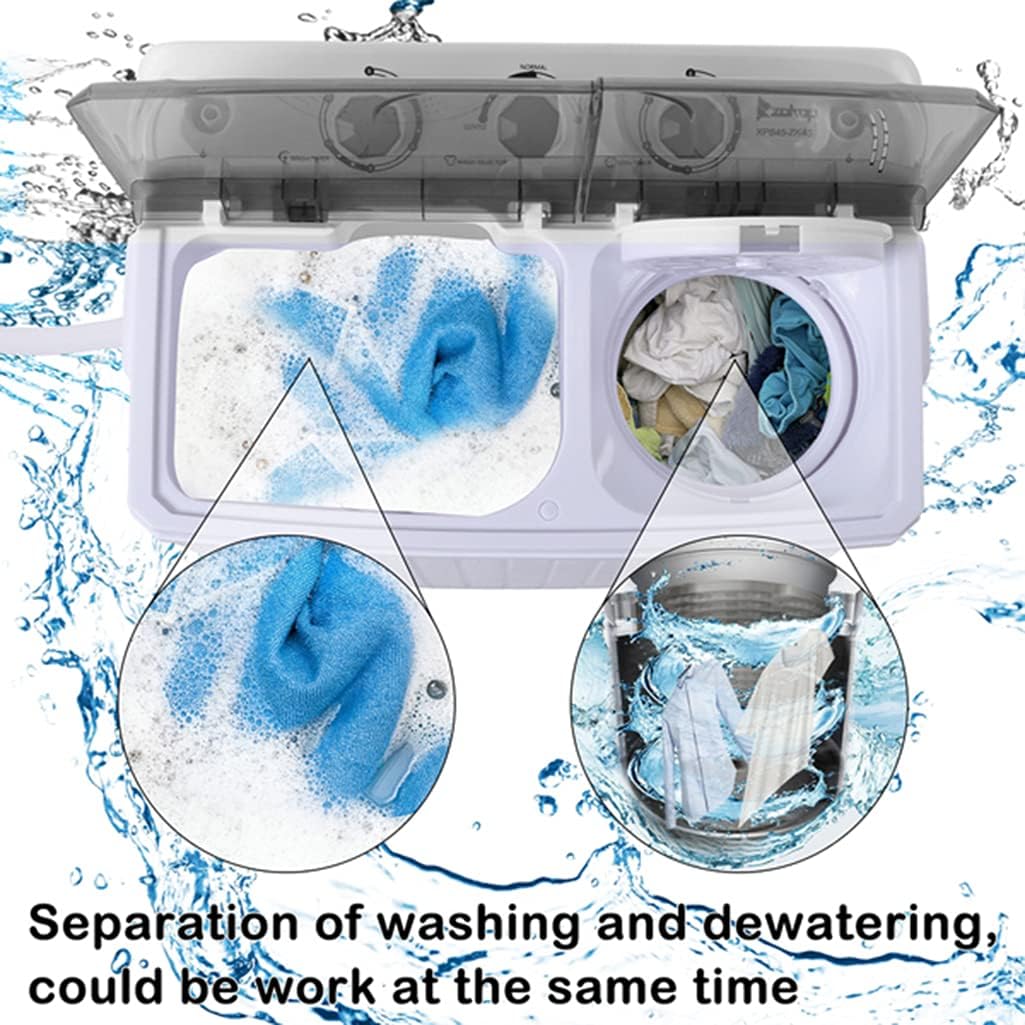2IN1 Mini Portable Compact Washing Machine 13lbs Capacity Twin Tub Washer Spinner Cycle Combo, Timer Control, Drain and Inlet Water Hose for Apartment, Camping, Dorms and RV