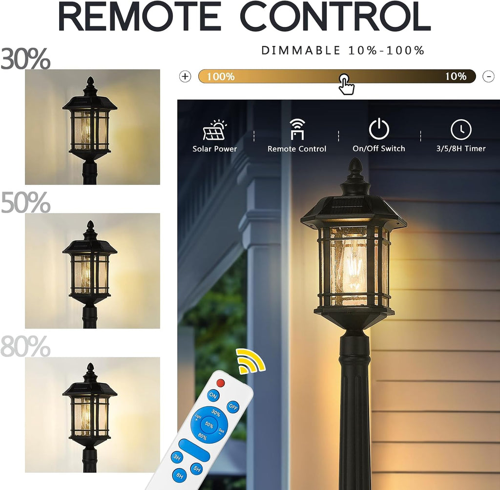 Emliviar 82' Solar Street Lamp Outdoor, LED Dusk to Dawn Pole Solar Light with Remote Control, Waterproof Post Lighting with Seeded Glass, A2202110PL-SL BK