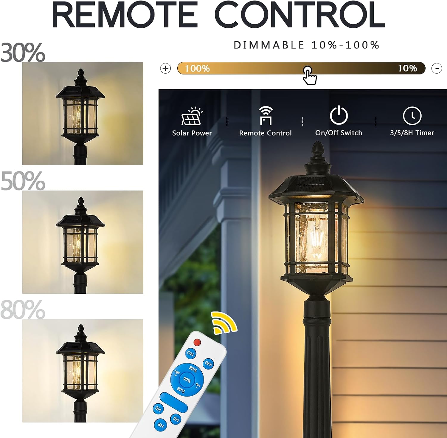 Emliviar 82' Solar Street Lamp Outdoor, LED Dusk to Dawn Pole Solar Light with Remote Control, Waterproof Post Lighting with Seeded Glass, A2202110PL-SL BK