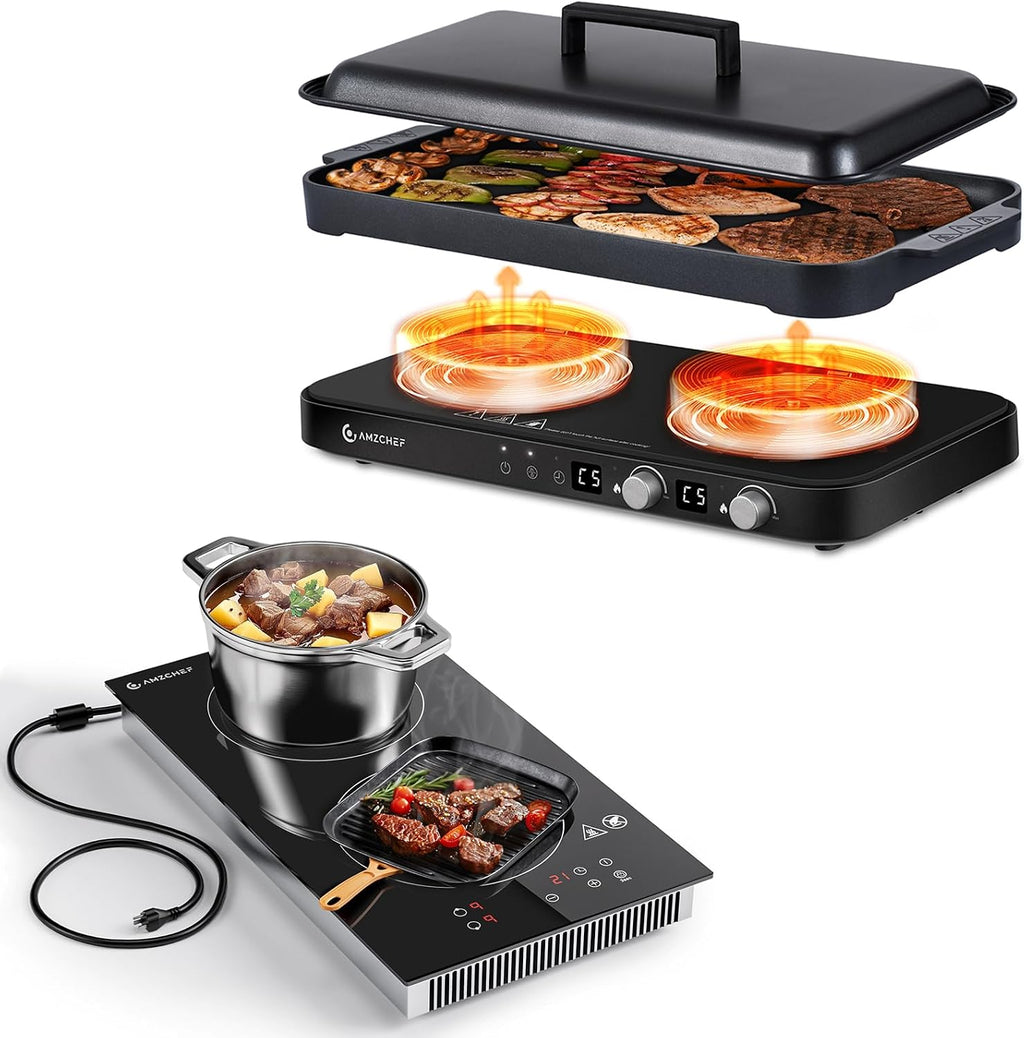 AMZCHEF Induction Cooktop 2 Burners & AMZCHEF Double Induction Cooktop with Removable Griddle Pan