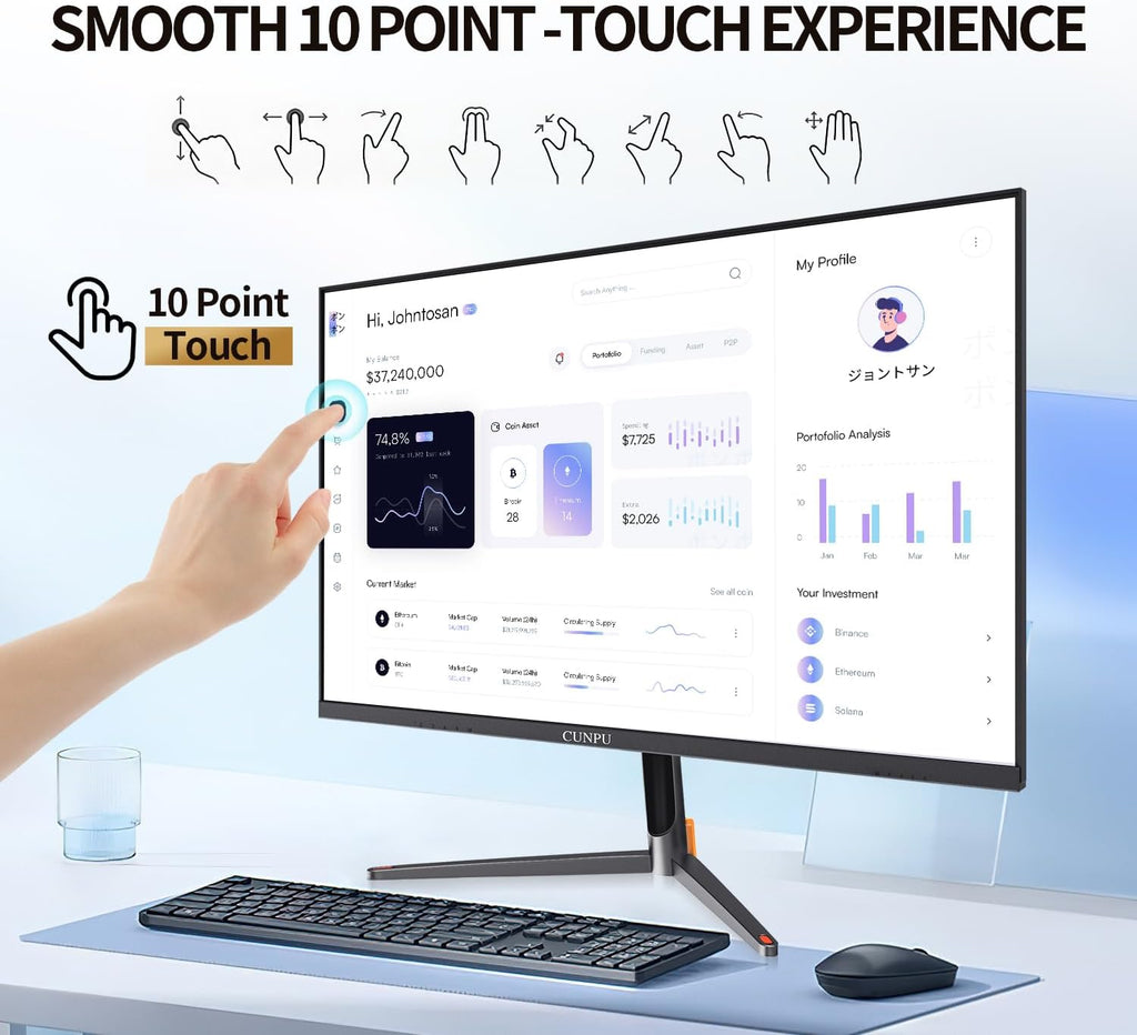 CUNPU 24 Inch Touchscreen Monitor, 10 Point Touch, FHD 1080P 75Hz IPS Screen, 100% SRGB, VESA Wall Mountable, Tilt Adjustment, VGA HDMI USB for PC, Laptop Business & Work Station, Warehouse