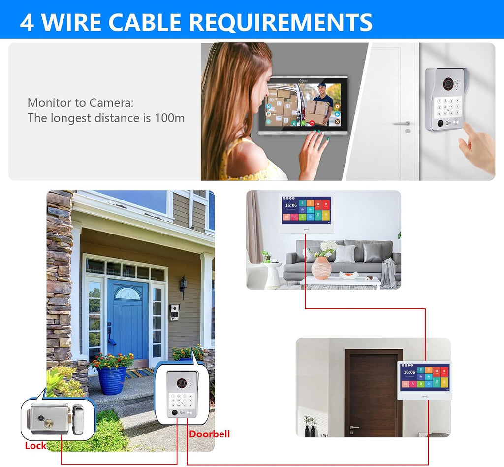 Wired Video Door Phone Apartment Intercom System,WiFi 10 Inch Touch Monitor 1080P Doorbell Camera,Supporting 5 in 1 Unlcking,Motion Detecting,RFID Card Unlocking for Home Tuya,32G