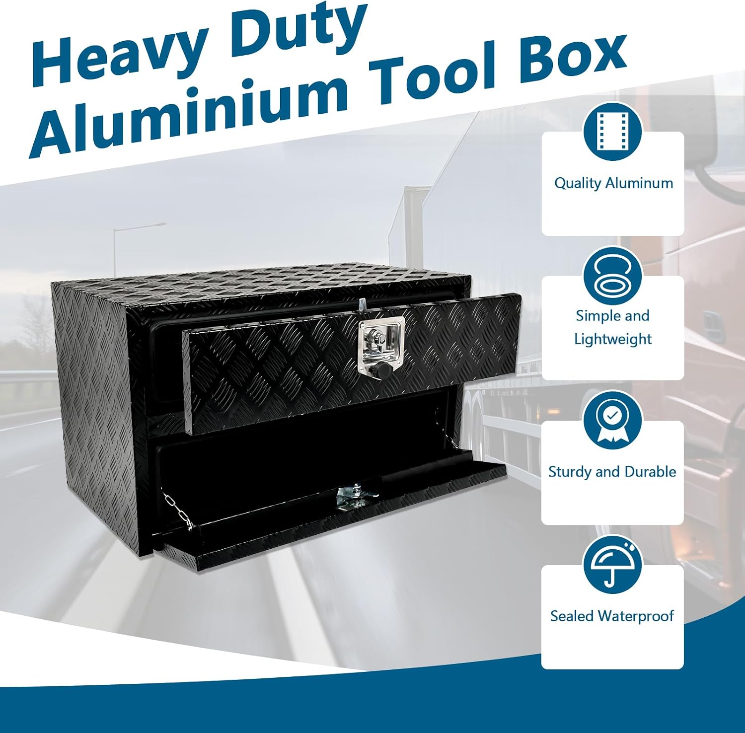36'' Inch Black Aluminum Underbody Truck Box w/Drawer & Lock T-Handle Latch Key 36 x 18 x 20 Inch Truck Tool Box Job Box For Storage & Organization