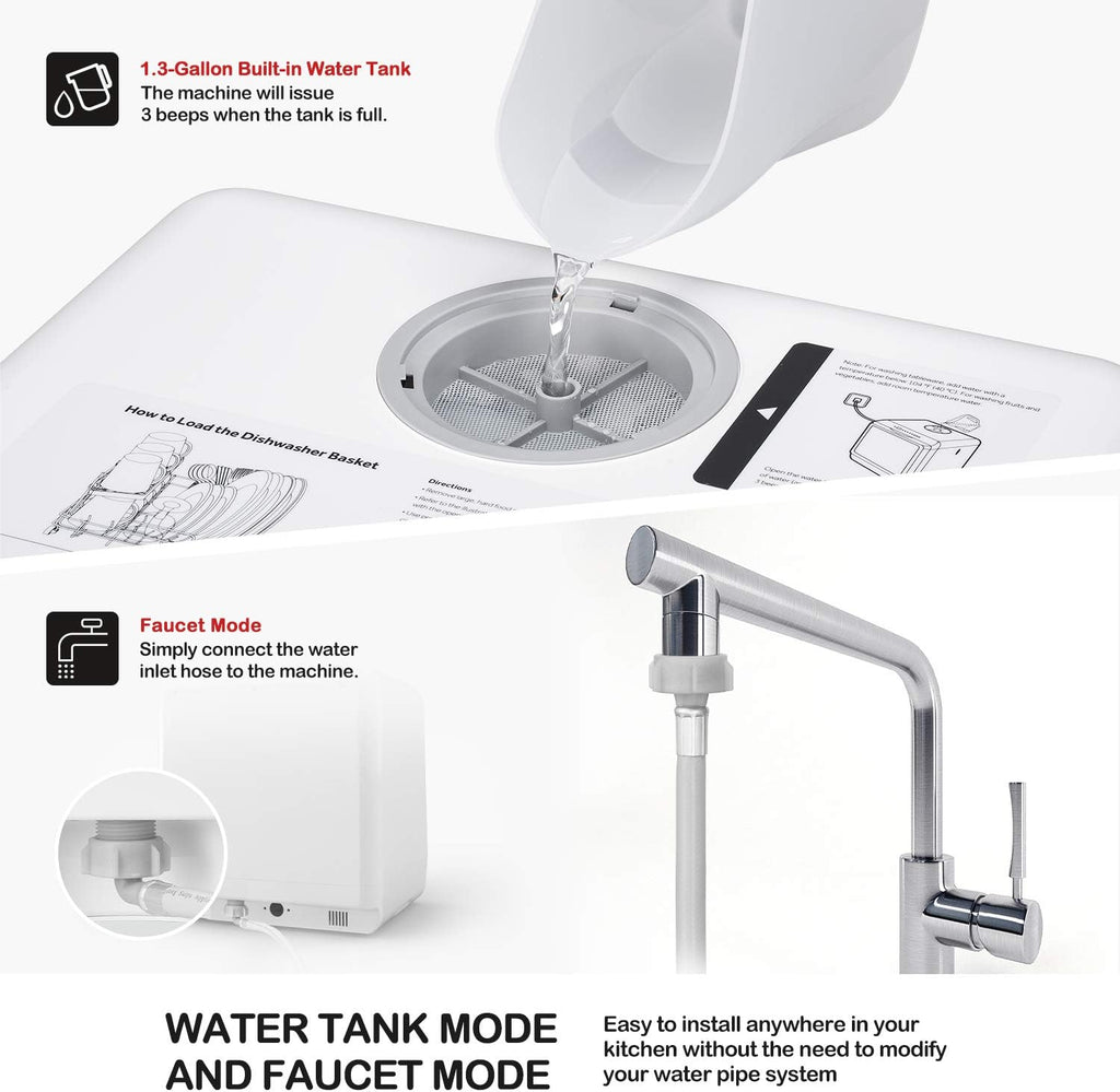 NOVETE Portable Countertop Dishwashers, Compact Dishwashers with 5L Built-in Water Tank & Inlet Hose, 5 Washing Programs, Baby Care, Air-Dry Function and LED Light for Small Apartments